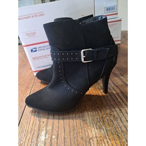 10M ...me too Black Buckle Embellished High Heel Pump Ankle Boots Booties Shoes - Picture 4 of 11